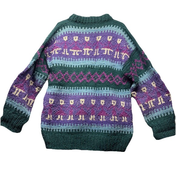 Artisan Wool Sweater Unisex L ? Green Purple Chunky Ecuador Hand Knit Ski Thick - Picture 6 of 6